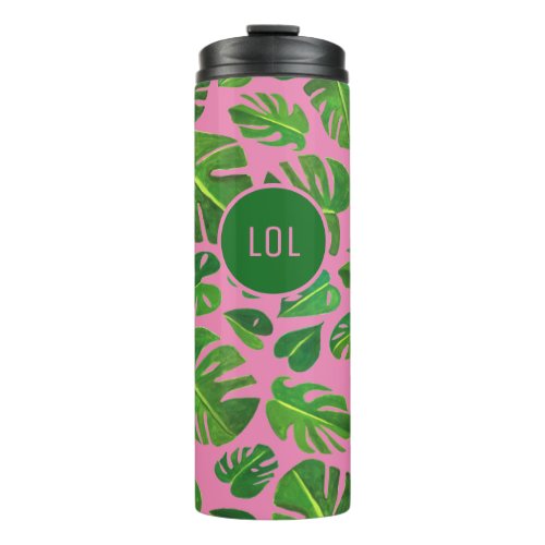 Monstera Tropical Leaves Gouache Green Pattern Thermal Tumbler