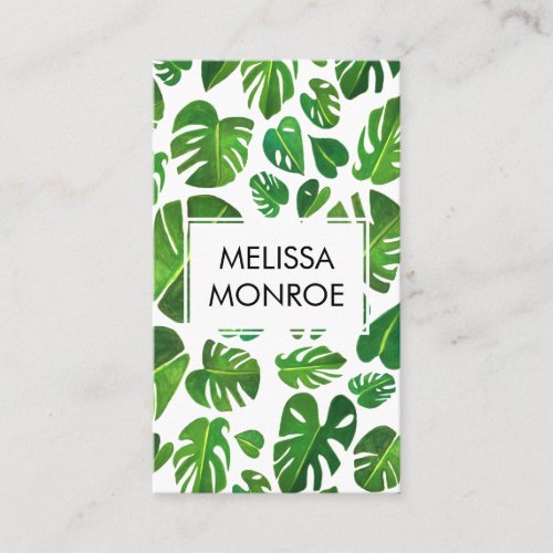 Monstera tropical leaves illustrated watercolor business card