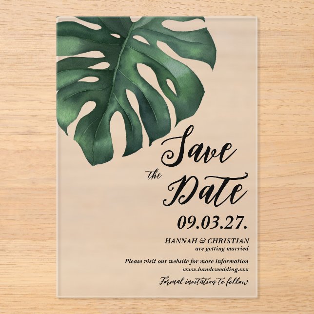 Monstera Tropical Palm Leaf  Save the date Frosted (Front)