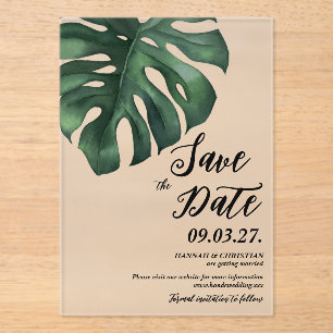 Monstera Tropical Palm Leaf Save the date Frosted Acrylic Invitations
