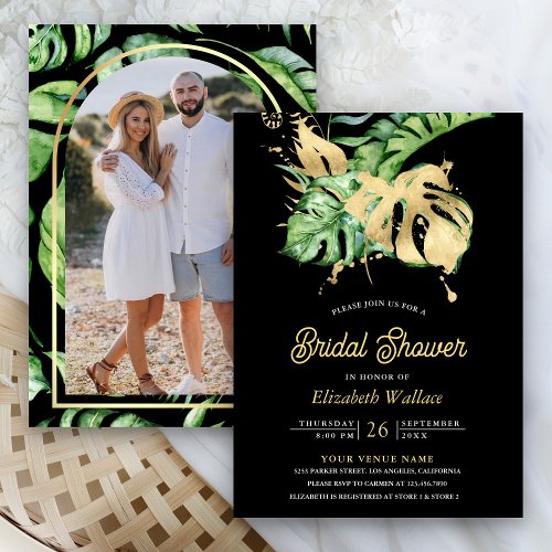 Monstera Tropical Palm Photo Black Bridal Shower Invitation