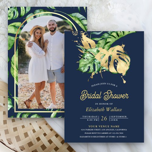 Monstera Tropical Palm Photo Navy Bridal Shower Invitation