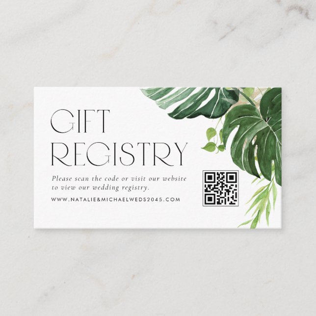Monstera Tropical QR Code Wedding Registry Enclosure Card (Front)