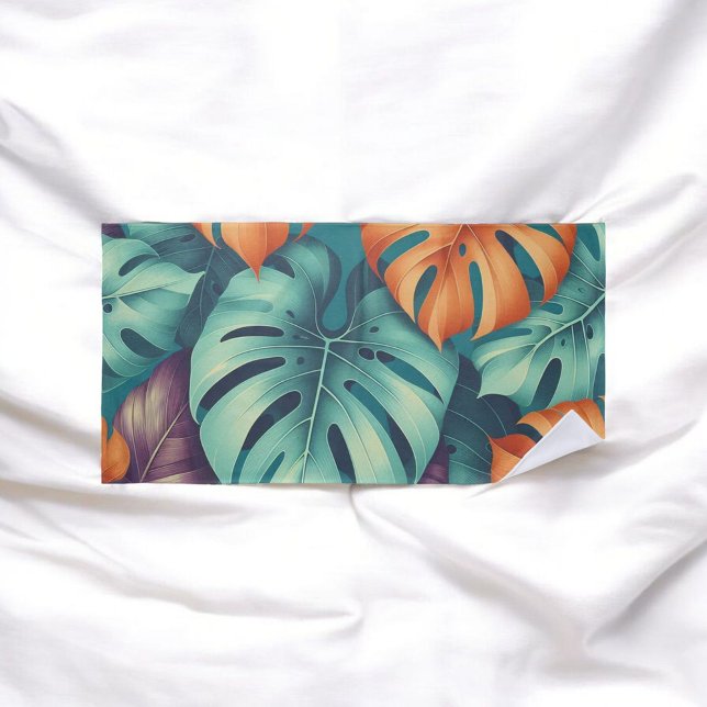 Monstera Tropical Watercolor Greenery Palm Leaves Beach Towel (Creator Uploaded)