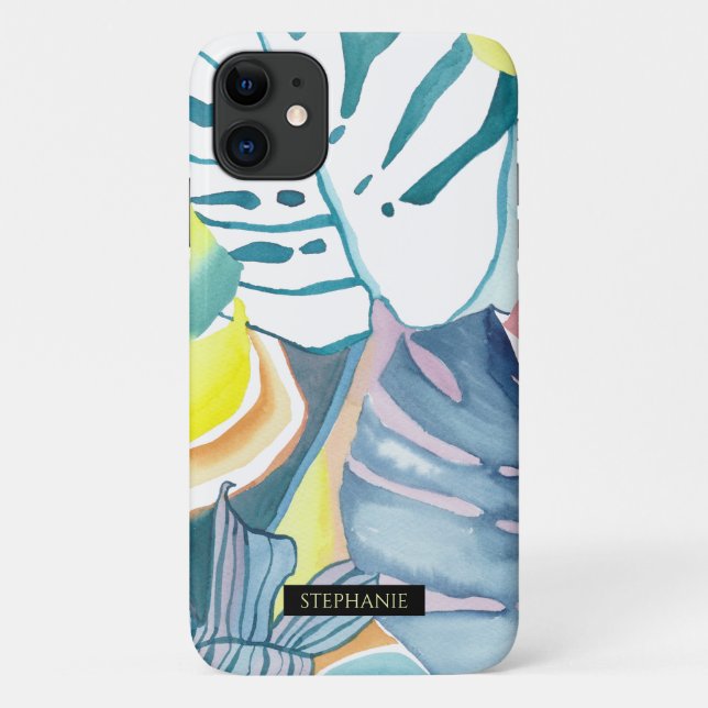 Monstera Watercolor Abstract Art Name Phone case (Back)