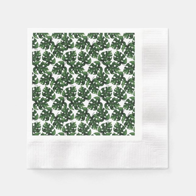 Monstera watercolor leaf pattern cocktail napkin (Front)