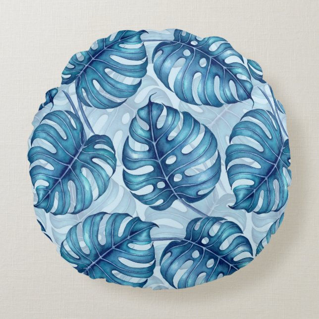 Monstera watercolor pattern blue round pillow (Front)