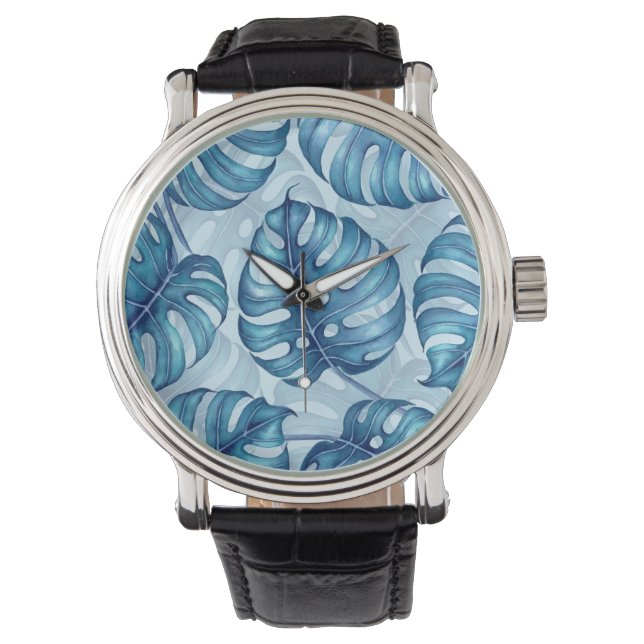 Monstera watercolor pattern blue watch (Front)