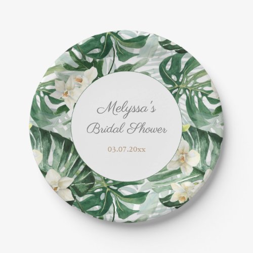 Monstera Watercolor Tropical Foliage Bridal Shower Paper Plates