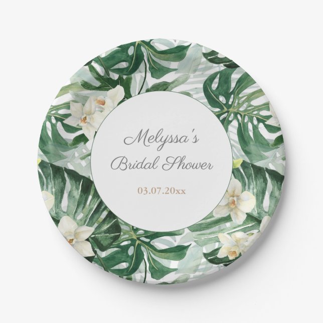 Monstera Watercolor Tropical Foliage Bridal Shower Paper Plates (Front)