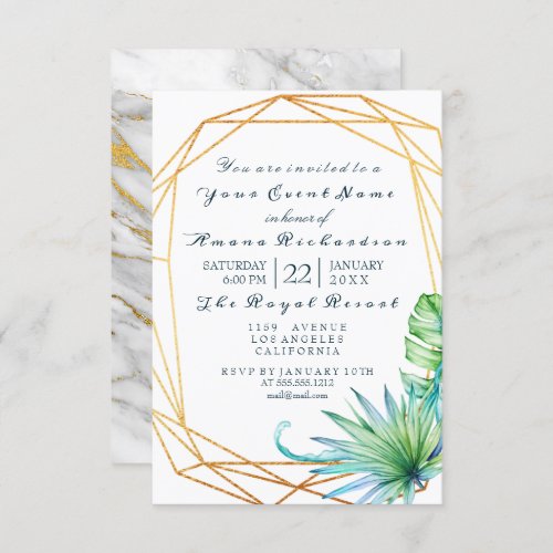 Monstera White Tropic Marble Gold  Birthday Bridal Invitation