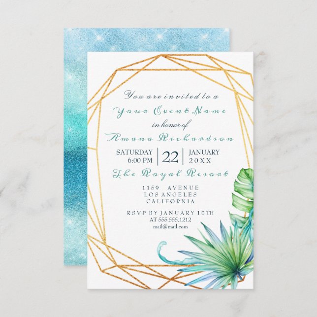 Monstera White Tropic Ocean Gold  Birthday Bridal Invitation (Front/Back)