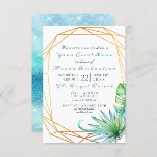 Monstera White Tropic Ocean Gold  Birthday Bridal Invitation