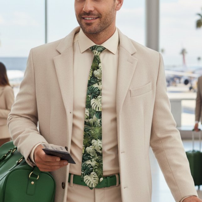 Monsterra Tropical green leaves Hawaiian pattern Neck Tie (Creator Uploaded)