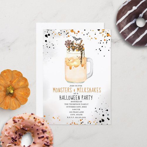 Monsters and Milkshakes Watercolor Halloween Party Invitation