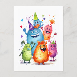 Monster's birthday greetings. Monsters party. Postcard