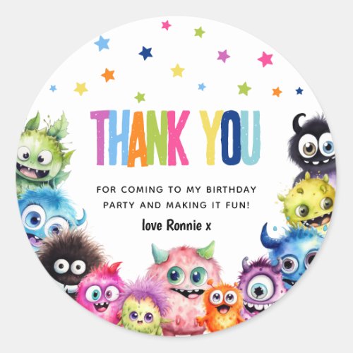 Monsters Birthday Party Thank You Classic Round Sticker