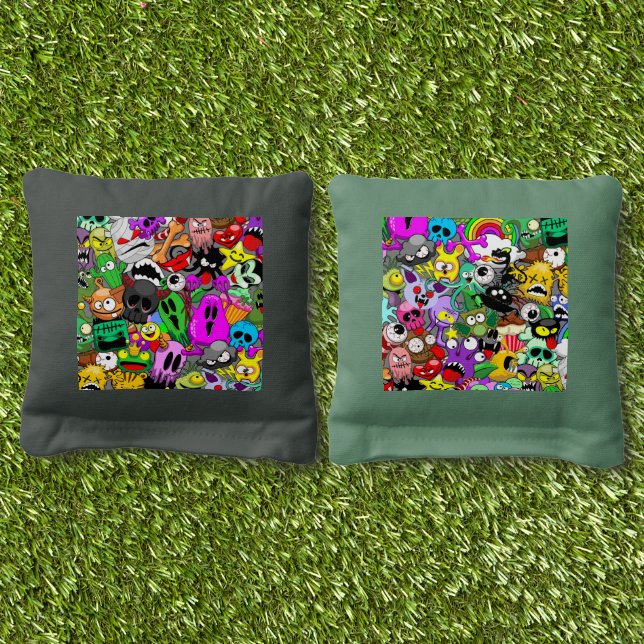 Monsters Cute Characters Halloween Pattern  Cornhole Bags (Grass)