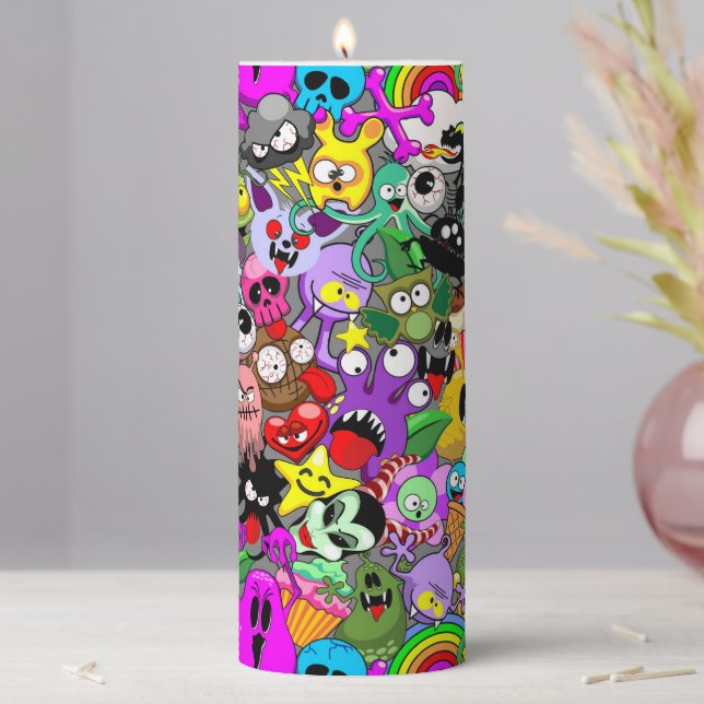 Monsters Cute Characters Halloween Pattern  Pillar Candle (In Situ)