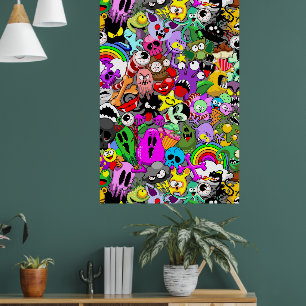 Monsters Cute Characters Halloween Pattern Poster