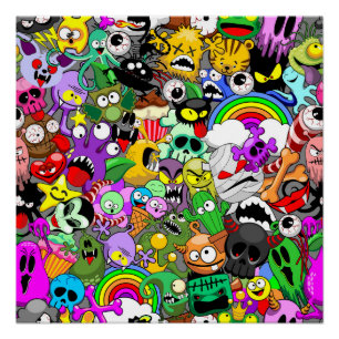 Monsters Cute Characters Halloween Pattern Poster