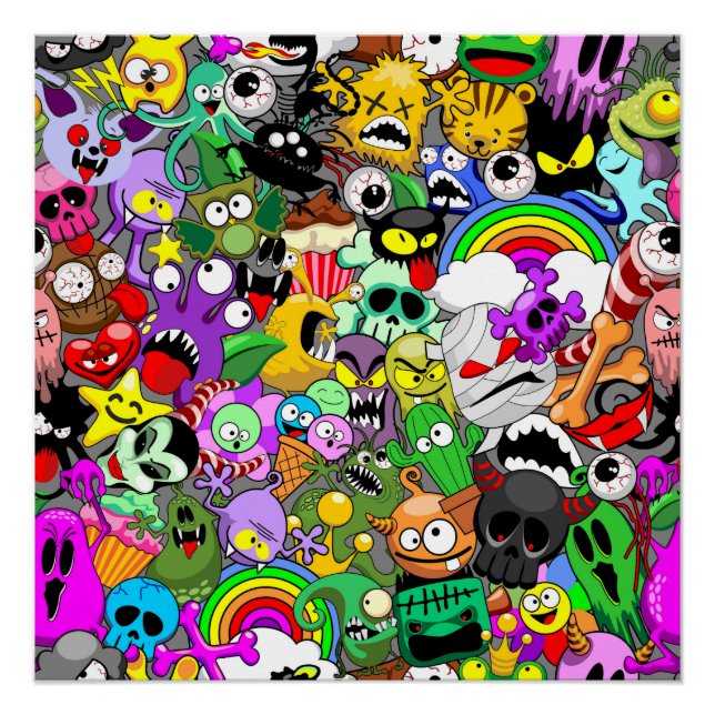 Monsters Cute Characters Halloween Pattern  Poster (Front)