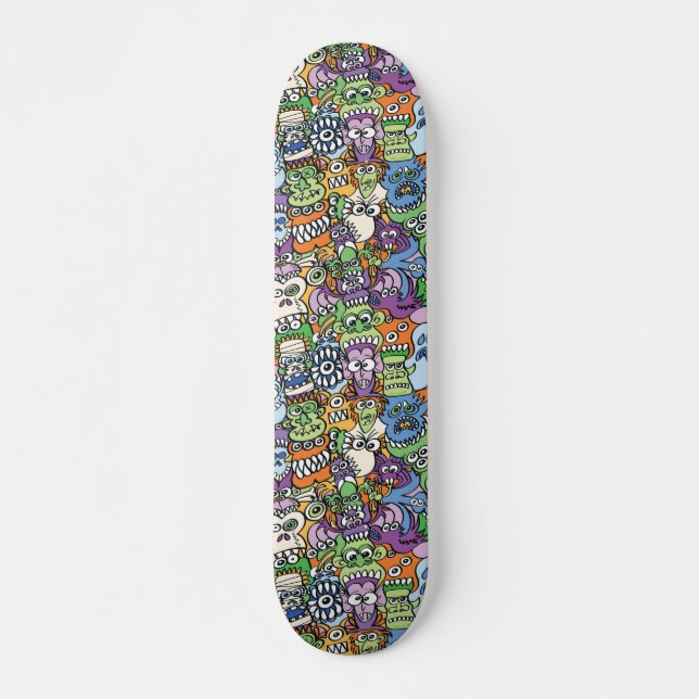 Monsters get spooky in a Halloween pattern design Skateboard (Front)