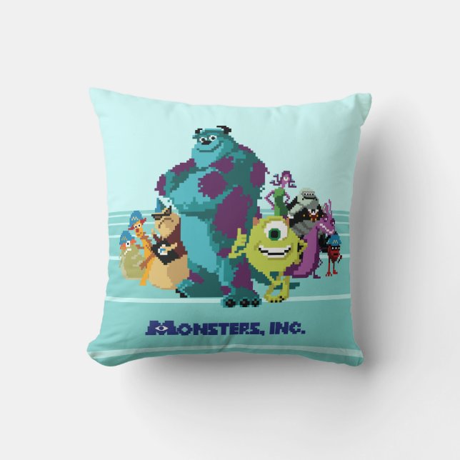 Monsters Inc 8Bit Mike, Sully, and the Gang Throw Pillow (Front)