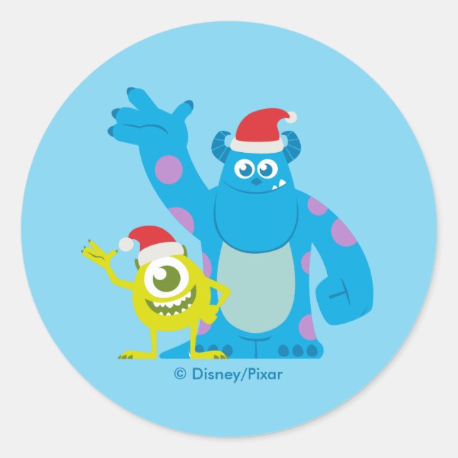 Monsters Inc. | Mike & Sulley Santa Claus Wave Classic Round Sticker (Front)