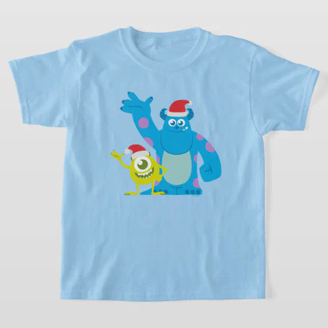 Monsters Inc. | Mike & Sulley Santa Claus Wave T-Shirt, Kids Unisex, Size: Youth S, Light Blue