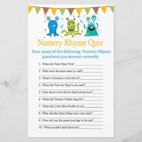 Monsters Nursery Rhyme Quiz baby shower game