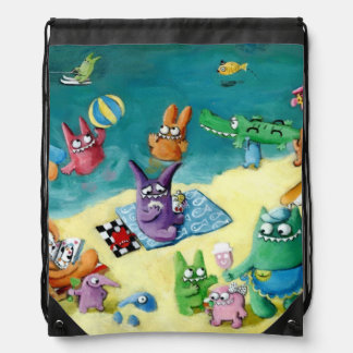 Monsters on the Beach Drawstring Bag