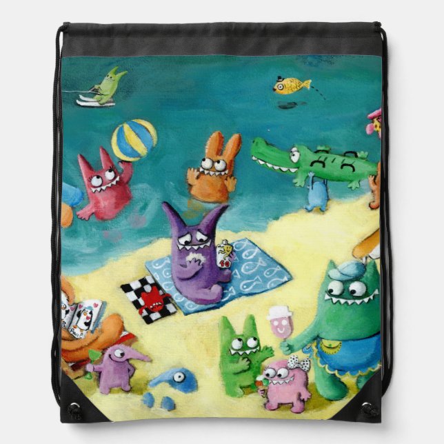 Monsters on the Beach Drawstring Bag (Front)