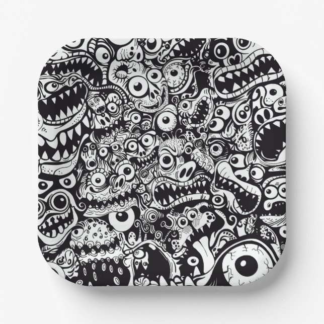 monsters pattern ugly abstract spooky scary creepy paper plates (Front)