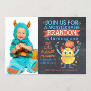 Monsters Photo Watercolor 1st Birthday Invitation