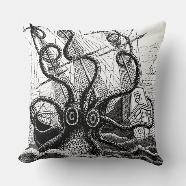 Monstrous Octopus Attacks a Ship Throw Pillow (Front)