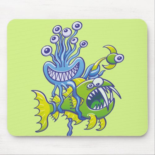 Monstrous octopus catching an ugly deep sea fish mouse pad