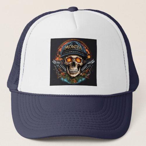 Monta Beach Cinematic Biker Skull Logo Poster Trucker Hat