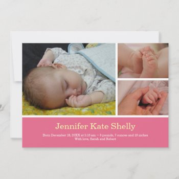 Montage 3 Photo Sweet Pink Baby Birth Announcement by FidesDesign at Zazzle