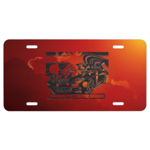montage ink drawing - sports car the centerpiece. license plate