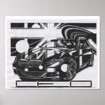 Montage ink drawing - sports car the centerpiece.