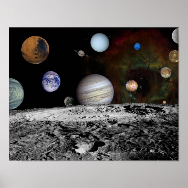 Montage of the planets and Jupiter's moons Poster (Front)