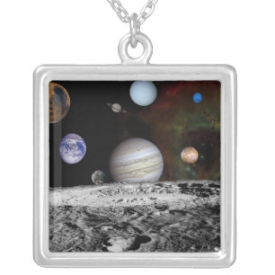 Montage of the planets and Jupiter's moons Silver Plated Necklace