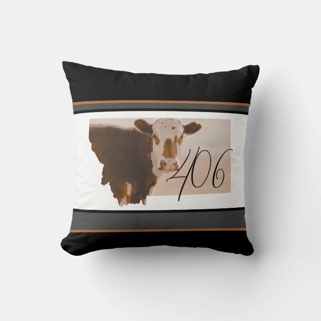 Montana 406 Brown And White Cow Throw Pillow (Front)