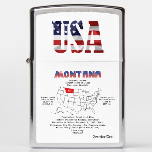 Montana American state on a map and useful info Zippo Lighter