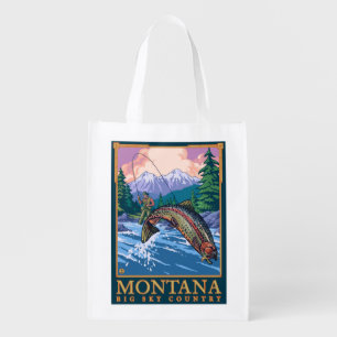 Montana -- Big Sky CountryFly Fishing Scene Reusable Grocery Bag