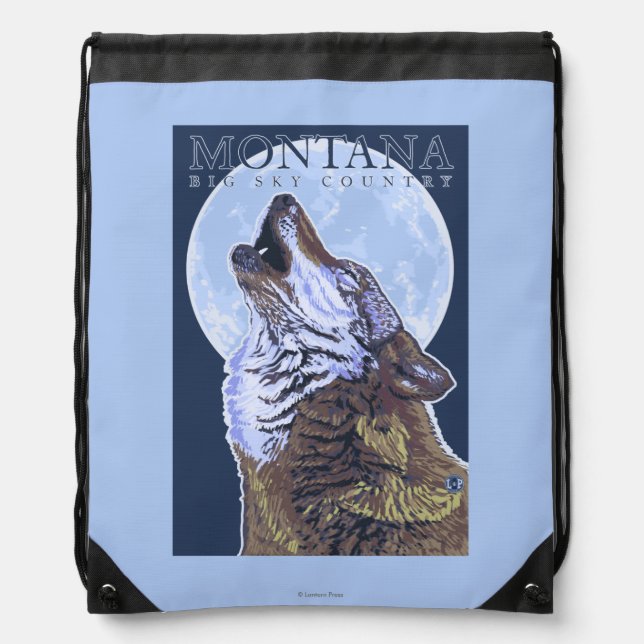 Montana -- Big Sky CountryHowling Wolf Drawstring Bag (Front)