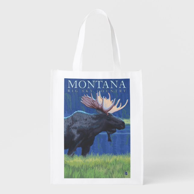 Montana -- Big Sky CountryMoose in Moonlight Grocery Bag (Front)