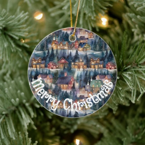 Montana Christmas at Midnight Street Watercolor Ceramic Ornament