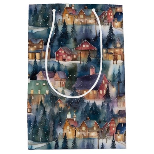 Montana Christmas at Midnight Street Watercolor Medium Gift Bag